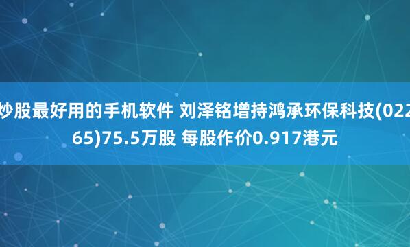 炒股最好用的手机软件 刘泽铭增持鸿承环保科技(02265)75.5万股 每股作价0.917港元